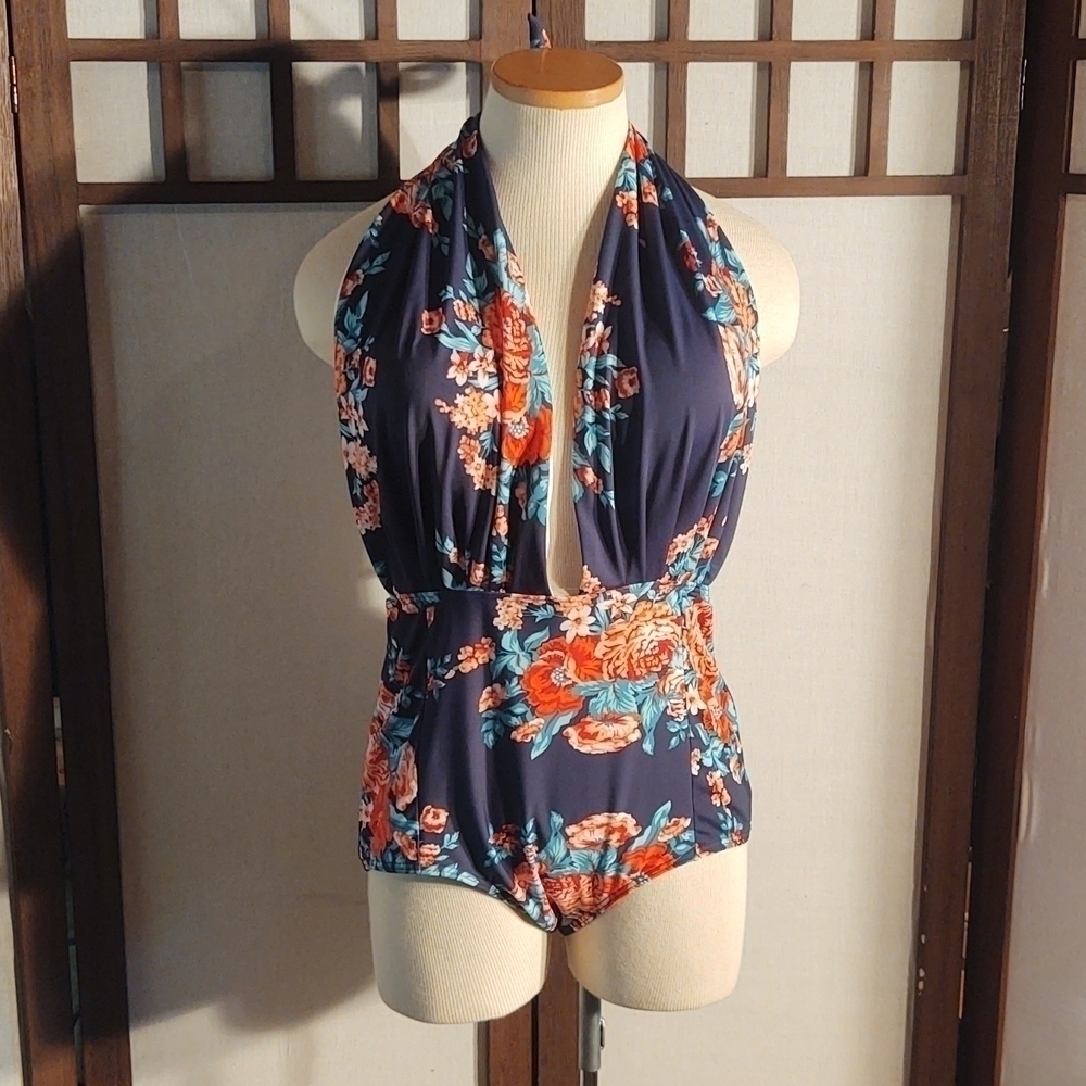 Cocoship Navy and Pink Floral Halter Neck Deep V-Neck One Piece Swimsuit Sz 3XL